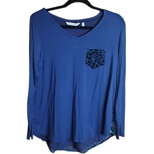 Soft Surroundings Women's Blue Long Sleeve Top Velour Floral Pattern Size XS.